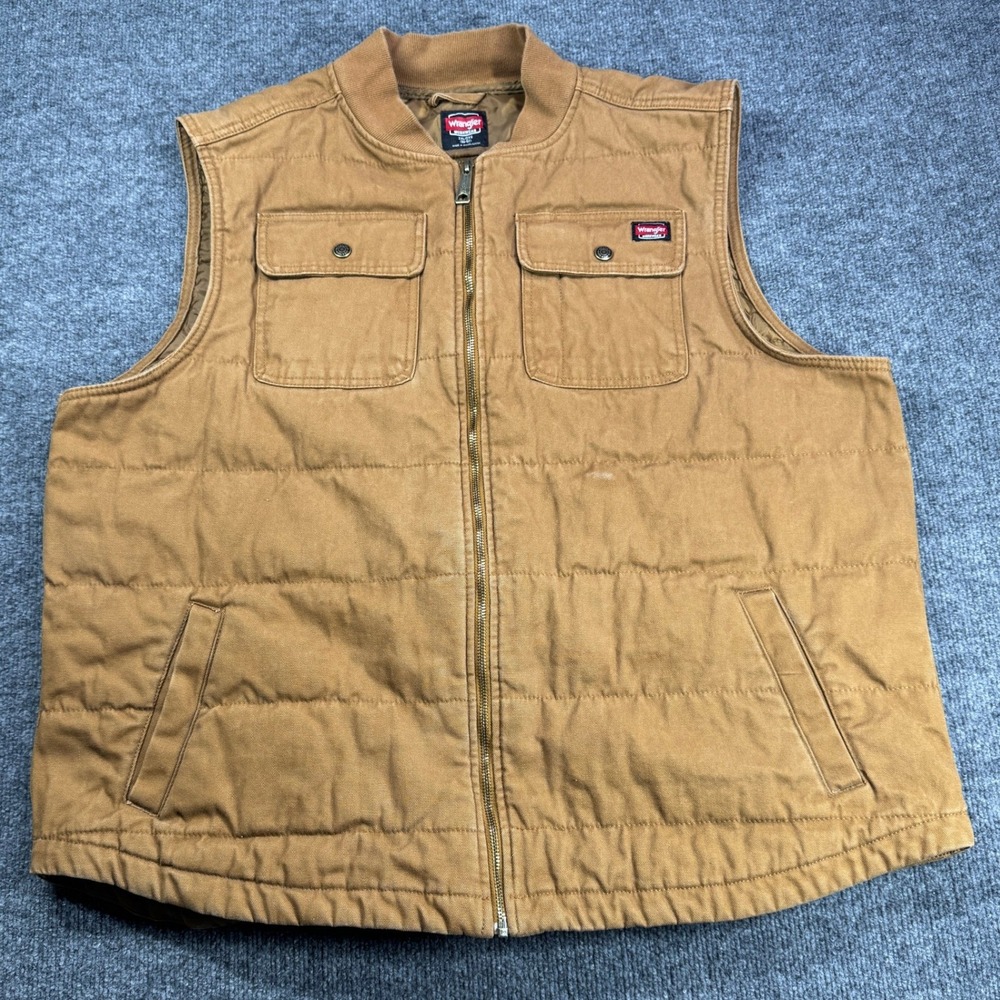 Wrangler Workwear Vest Mens 2XL‎ Brown Quilted Canvas Utility Full Zip